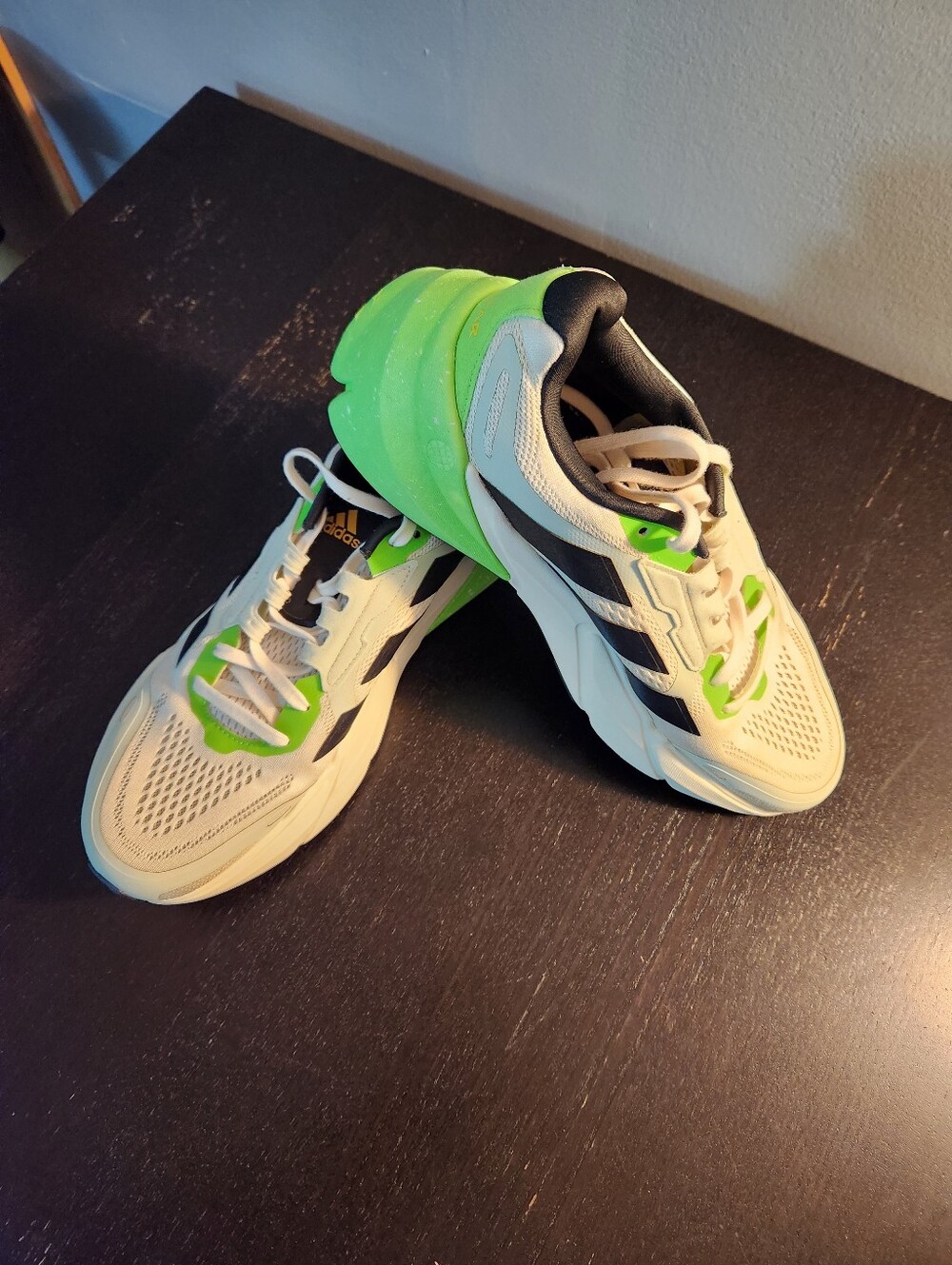 adidas men's White and Neon Green Athletic Running Shoes. No Insoles.